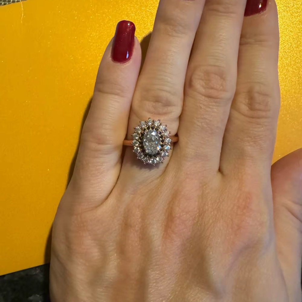14k/silver Elegant Black and White lab grown brilliant Halo Ring - Picture 5 of 11